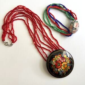 VTG Russian Black Laquer Floral Brooch‎ With Necklace And Bracelet Lot